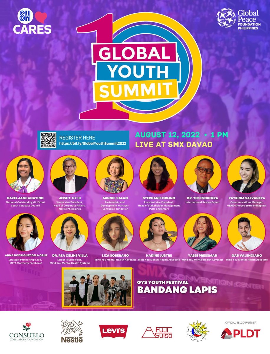GYS_Philippines's tweet photo. Presenting this year’s line up of speakers and youth festival performer! Secure your free pass at https://t.co/TZDeFC3E5P

Join our #GYS10 takeaways sessions and have a chance to win gift certificates and other giveaways!

See you on Friday, 1 PM at SMX Davao! https://t.co/U1lSa6ADCu