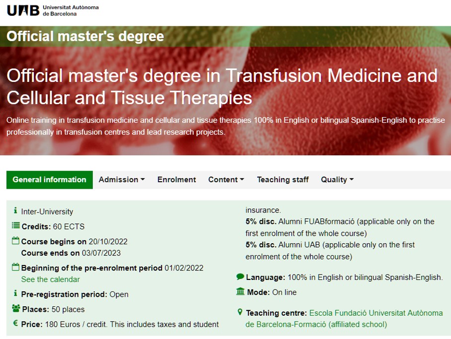 Joaquim Vives (@xinoxan) on Twitter photo An opportunity for #specialisation in the #development, #production and #clinical use of #Cell-, #Gene- and #Tissue-based #therapies is now available in the European #MasterProgramme by <a href="/UniLeidenNews/">Leiden University</a> <a href="/UABBarcelona/">Universitat Autònoma de Barcelona</a> <a href="/fsie_uab/">Fundació Salut i Envelliment</a> <a href="/BSTRecerca/">RECERCA / Banc de Sang i Teixits de Catalunya</a> uab.cat/web/estudiar/o… An opportunity for #specialisation in the #development, #production and #clinical use of #Cell-, #Gene- and #Tissue-based #therapies is now available in the European #MasterProgramme by <a href="/UniLeidenNews/">Leiden University</a> <a href="/UABBarcelona/">Universitat Autònoma de Barcelona</a> <a href="/fsie_uab/">Fundació Salut i Envelliment</a> <a href="/BSTRecerca/">RECERCA / Banc de Sang i Teixits de Catalunya</a> uab.cat/web/estudiar/o…