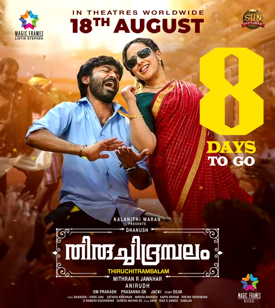 magicframes2011's tweet photo. #Thiruchitrambalam 8 Days to go
August 18 Release 🌟✌️
#Dhanush #MithranRJawahar #KalanidhiMaran #Anirudh #NithyaMenen #PriyaBhavaniShankar #RaashiKhanna #PrakashRaj #ListinStephen #MagicFramess 

@dhanushkraja
@MenenNithya 
@RaashiiKhanna_ 
@anirudhofficial 
@sunpictures https://t.co/QrC9zvPtkQ