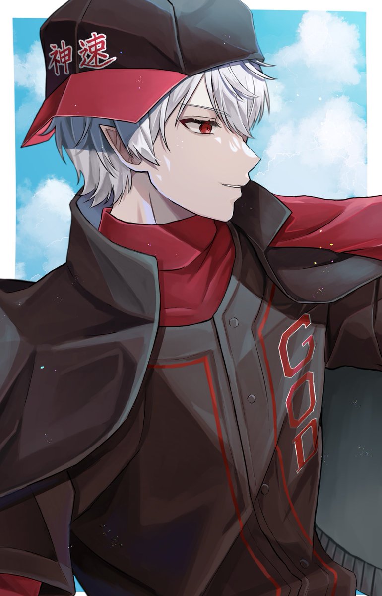 kuzuha (nijisanji) 1boy male focus red eyes hat jacket solo black jacket  illustration images