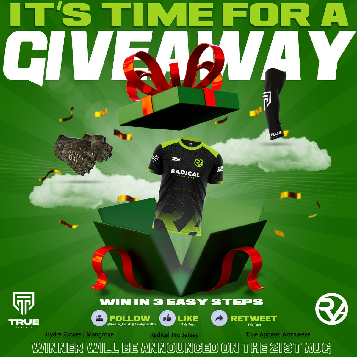 TrueApparelCo's tweet image. [#RADICALGIVEAWAY]

@TrueApparelCo x @Radical_ESC are doing a huge giveaway 🔥

1x CSGO Hydra Gloves, Mangrove
1x Radical Jersey
1x True Apparel Arm sleeve

To enter 👇

👤 Follow @TrueApparelCo 
👤 Follow @Radical_ESC 
💙 Like this post
♻️ Retweet this post

#StayTrue #csgo 💪