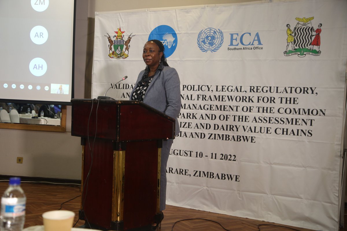 Min_of_IC's tweet photo. Ms. Olayinka Bandele (Chief Inclusive Industrialization, @ECA_SRO_SA) providing open remarks at #CAIP #agroindustrialpark #maizevaluechain #dairyvaluechain #Agriculture #Zambia #Zimbabwe #regionalintegration https://t.co/uXAIzNfKNb