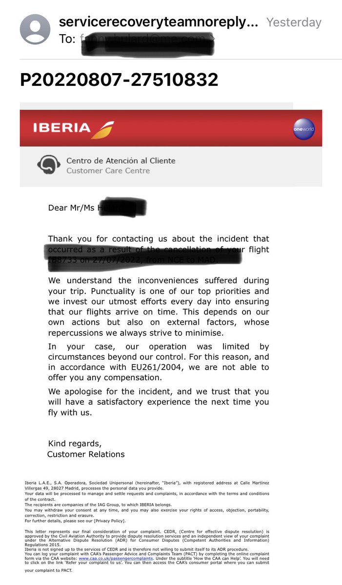 theundercoverpr's tweet photo. @masonmorgann @Iberia_en And I received this generic / impersonal email.. I feel insulted. Why don’t these company get class actions I wonder.. https://t.co/zrNCdGNMWD