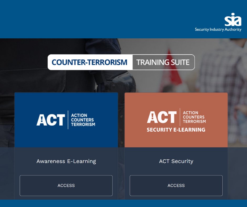 Have you taken your ACT training yet?  

ACT Security e-learning is a specialised counter-terror awareness training that gives up-to-date counter-terrorism knowledge to help operatives prepare for terrorist incidents.  
Find out more: bit.ly/3DwBGwk  
#SIATraining
