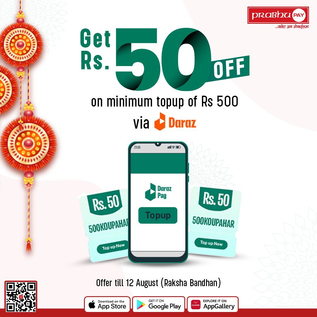 Exciting Offer !!! 
Get Rs 50 off on a minimum mobile Top-up of Rs 500 via Daraz App 
<a href="/DarazNepal/">Daraz Nepal</a> 

Hurry up!!! Recharge now and stay connected with your siblings this Rakshya Bandhan.
.
.
.
#PrabhuPAY #Daraz
#Mobile #Topup #Offer #digitalpayment #ewallet #smartpayment