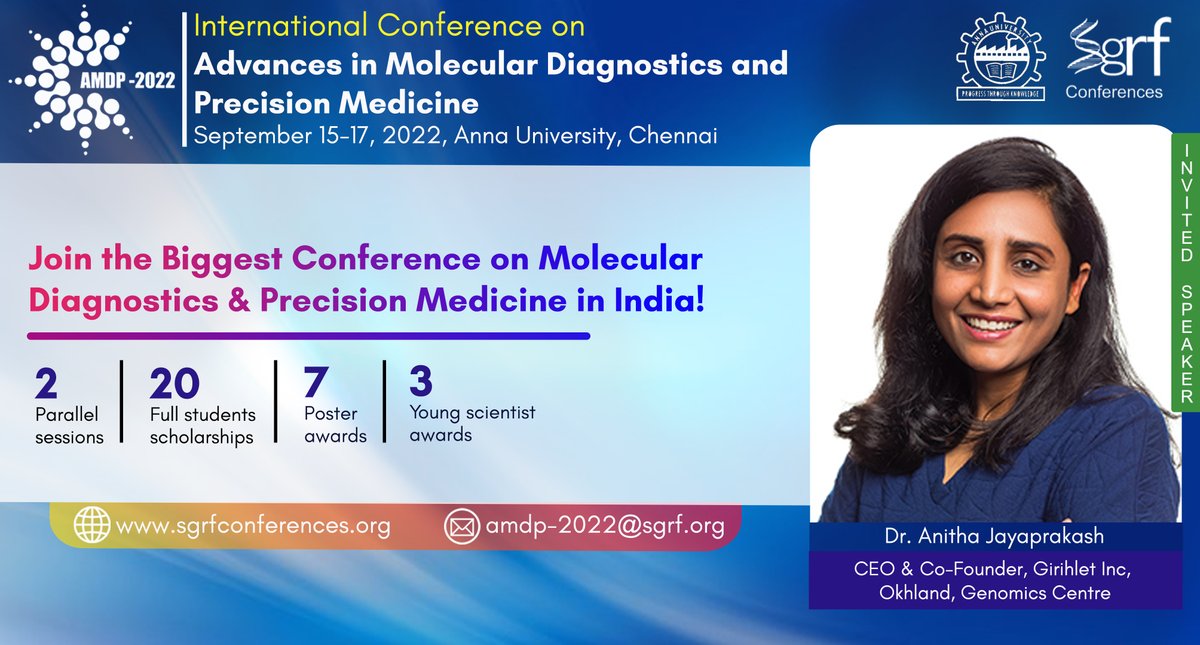 2022Amdp's tweet photo. Join AMDP 2022 Meeting from 15th-17th Sep, 2022 in Chennai, India and meet the expert, Dr Anitha Jayaprakash, Girihlet Inc., Registrations open https://t.co/n7KngxrNzl
#biotechnology #genomics #biopharma #biopharmaceuticals #conference #sponsorship #chennai #annauniversity #india https://t.co/tJeb3k4HXC