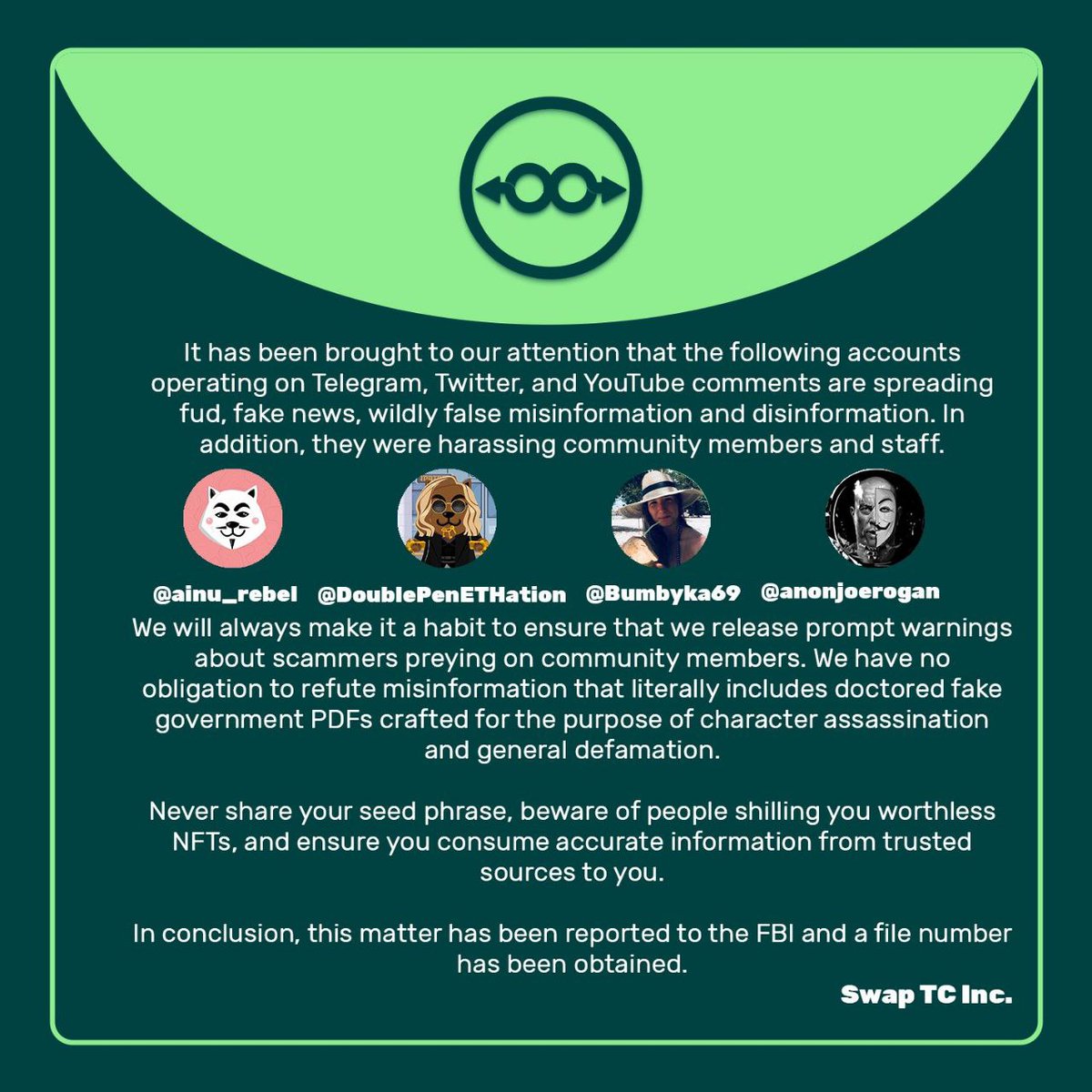 ainu_rebels's tweet photo. 🤠Officials did not forget &amp; are now attacking and responding from a different account @SwapTC  about accusations of their previous project?🤡#walloffame #swaptc #anoninu #anon #anonymous #bsc #scamalert #osc #csis #donaldtrump #defi #swap #theymacrypto @LegionCOO #reflexfinance https://t.co/ImQfSUUNlc