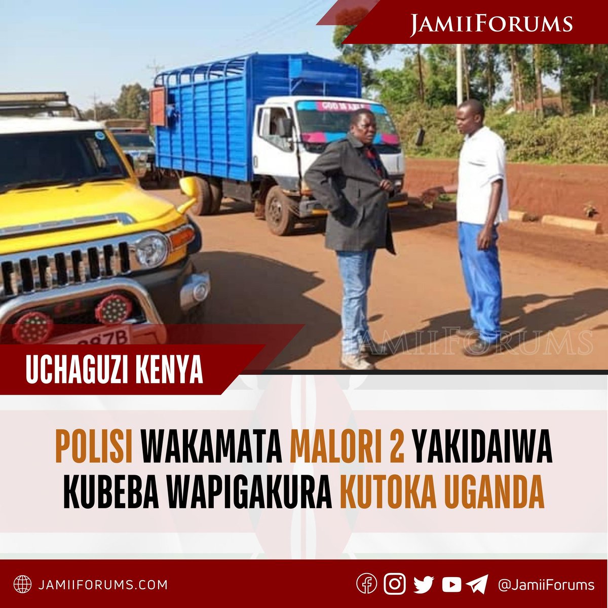JamiiForums's tweet photo. #KENYA: MALORI MAWILI YANAYODAIWA KUBEBA WAPIGA KURA KUTOKA UGANDA YAKAMATWA
Malori yalinaswa eneo Bunge la #Endebess Kaunti ya Trans Nzoia yakidaiwa kubeba Watu 91
Watu 65 walifanikiwa kutoroka kwa msaada wa Mbunge Robert Pukose
Soma https://t.co/gzbByAGIza
#KenyaDecides2022 https://t.co/oS9dYotaIu