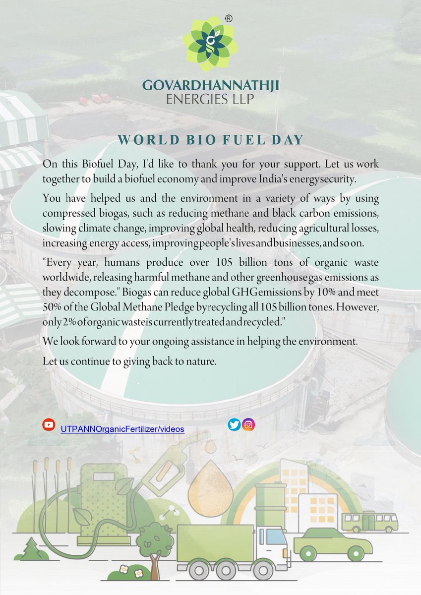 utpann_in's tweet photo. Something that is cost-effective, efficient, durable, and renewable is always better. Let us make more and more people aware of the goodness of biofuel. Happy Biofuel Day. #utpann #WorldBiofuelDay #GovardhannathjiEnergiesLLP #india https://t.co/c9lWk4u2yx