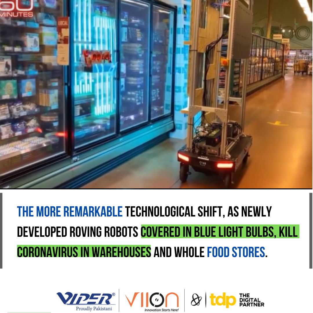ViionT's tweet photo. Amazon built a robot that uses ultraviolet light to kill the coronavirus.
The robot has a tall metal frame attached to a rectangular wheeled bottom, similar to a hotel luggage cart. 

#advancetech #robot #amazon #news  #highlights #covid #virus #technology #vipertechnology https://t.co/TQ3NLyJizs