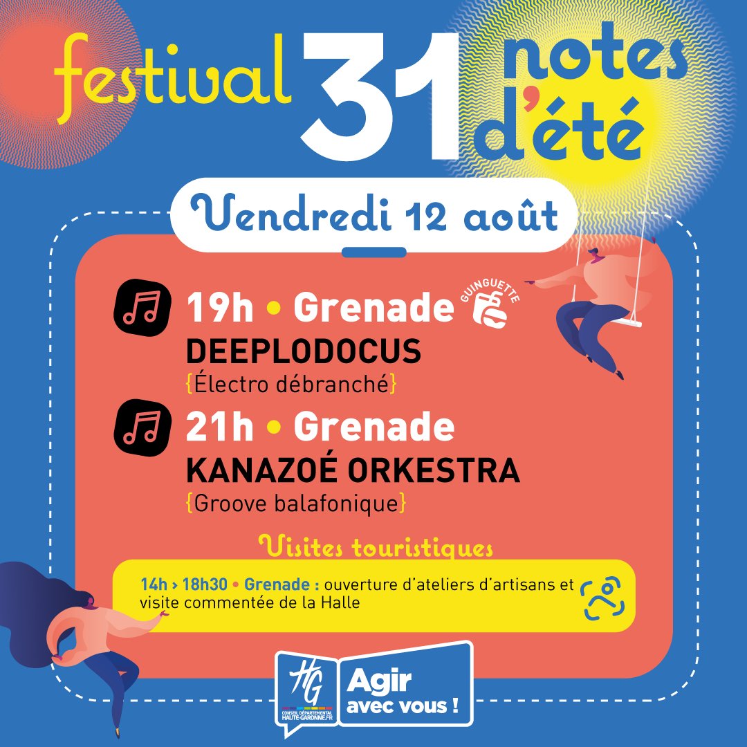 HauteGaronne's tweet photo. 🎼 Vendredi 12 août, le festival #31Notesdete vous donne RDV à Grenade, pour des concerts électro et groove !
À 19h, place à Deeplodocus, suivi par Kanazoé Orkestra à 21h.
https://t.co/t7eeygMKds https://t.co/XpVWQ4oBB9