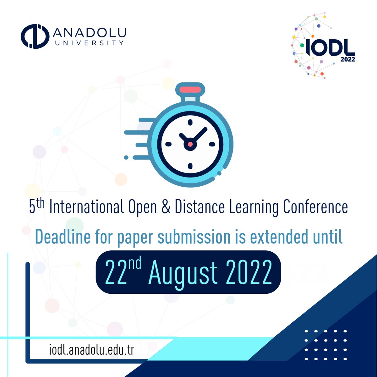 ⏱️📝Deadline for paper submission is extended until 22nd August 2022!
Please visit iodl.anadolu.edu.tr for more detais.✔️
#IODL2022 #OpenLearning #DistanceLearning #OpenEducation #DistanceEducation #Conference
