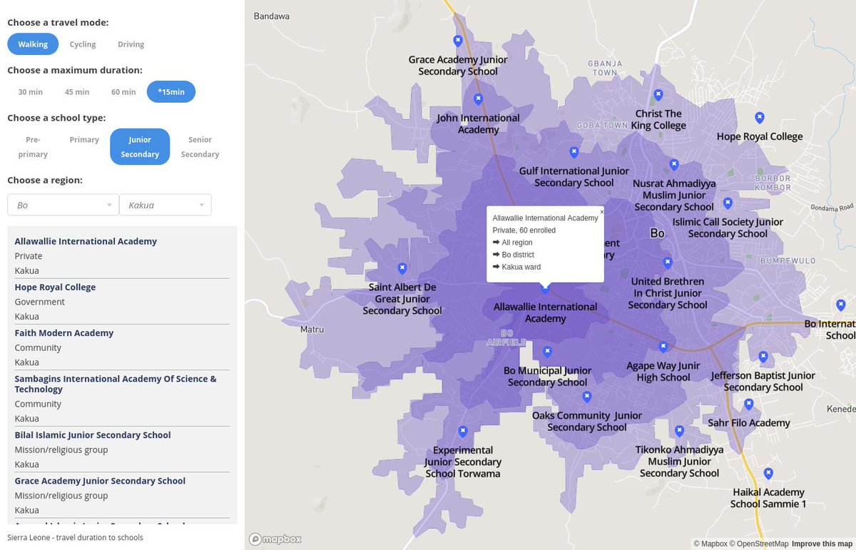 maptheclouds's tweet photo. 'Sierra Leone - Travel duration to schools', another project for Fab Inc.
#Mapbox #isochrones #webdevelopment https://t.co/69jVsmDaRO