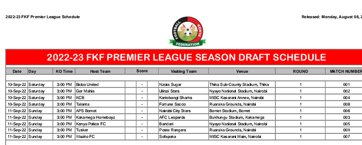 FKFtransition's tweet image. FIXTURE ALERT

The 2022/23 #FKFPL season will Kick Off on 10th September 2022 and these are the fixtures in round One. 

Full list of fixtures will come in due course.

#FKFTransitionCommittee