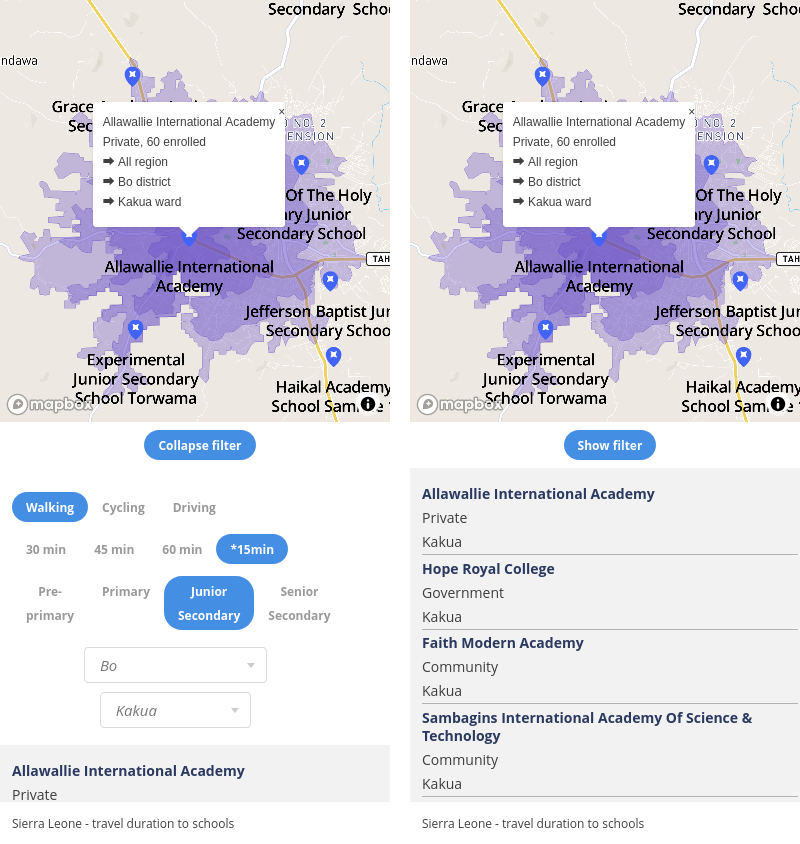 maptheclouds's tweet photo. 'Sierra Leone - Travel duration to schools', another project for Fab Inc.
#Mapbox #isochrones #webdevelopment https://t.co/69jVsmDaRO