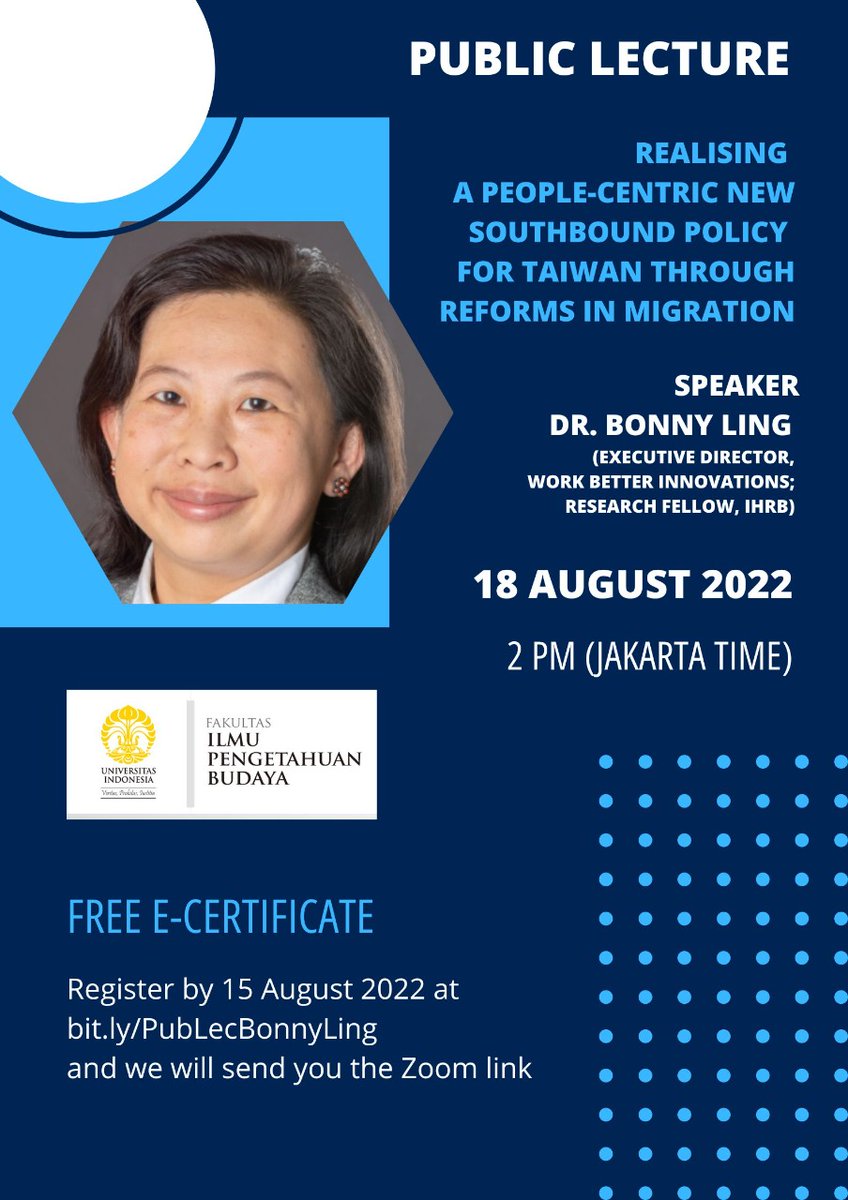 Bonny Ling (@bonny_ling) on Twitter photo Looking forward to doing this public talk at the Univ of Indonesia <a href="/univ_indonesia/">UniversitasIndonesia</a> online next week. Lots to talk about on #Indonesia-#Taiwan #migration 🇮🇩🇹🇼
Date: 18 Aug 2022
Time: 14:00 Jakarta / 15:00 Taipei
Reg: bit.ly/PubLecBonnyLing Looking forward to doing this public talk at the Univ of Indonesia <a href="/univ_indonesia/">UniversitasIndonesia</a> online next week. Lots to talk about on #Indonesia-#Taiwan #migration 🇮🇩🇹🇼
Date: 18 Aug 2022
Time: 14:00 Jakarta / 15:00 Taipei
Reg: bit.ly/PubLecBonnyLing