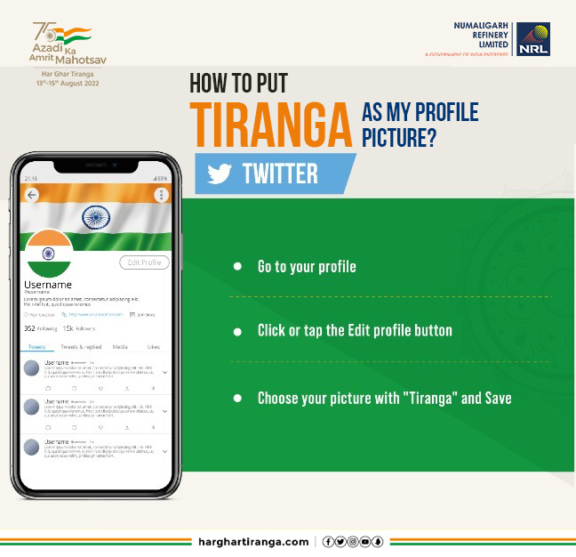 NRL_MoPNG's tweet photo. Let's show our love and respect for the nation using this filter on  #twitterprofilepicture and participate in the #HarGharTiranga movement. #harghartiranga #indiaAt75 #Akam #AmritMahotsav #AzadiKaAmritMahotsav @AmritMahotsav https://t.co/QnPqCmkj59