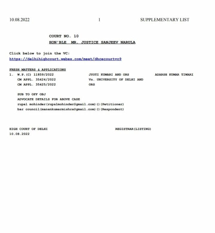 Petition listed for case of Jyoti &amp; ors v. University of Delhi &amp; Ors, hearing at 1: 30PM today before honorable Justice Sanjeev Narula's bench of Honorable Delhi Highcourt .
Fingers crossed 🤞
#Dufolexamdates