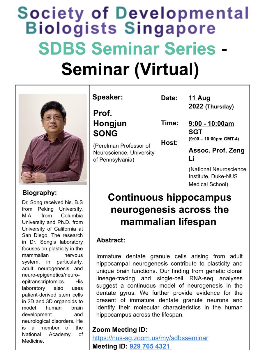 Exciting <a href="/devbio_sg/">Society of Developmental Biologists Singapore</a> seminar on human adult neurogenesis by <a href="/UPenn_SongMing/">Song and Ming Labs</a>! <a href="/phil1pingham/">Philip Ingham</a> <a href="/HongyanWang9/">Hongyan Wang</a> <a href="/onsunlau_nus/">On Sun Lau</a> <a href="/NSCRL_NNI/">Neural Stem Cell Research Lab</a> <a href="/MonteiroLab/">Antonia Monteiro</a> <a href="/Yusuke_Toyama/">Yusuke Toyama</a> <a href="/RayintheRedDot/">Ray Dunn</a> <a href="/ReversadeLab/">Reversade Lab</a> <a href="/fengwei_yu/">Fengwei YU</a>