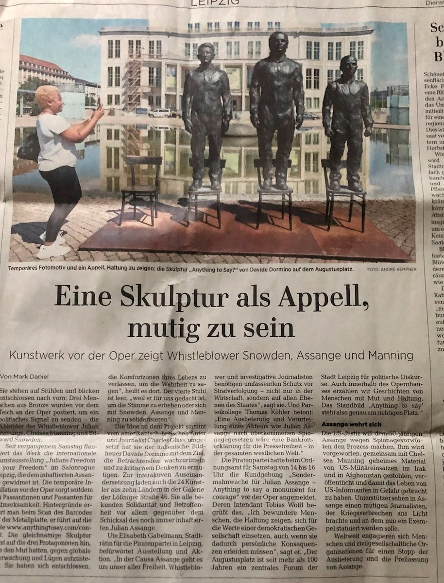 salonrogue's tweet photo. "A sculpture as an appeal to be courageous" #Leipzig biggest paper gave us half a site write about @AnythingtoSay_ and invite people to visit the exhibition for Julian in #Leipzig - https://t.co/wMI6FgY7YY