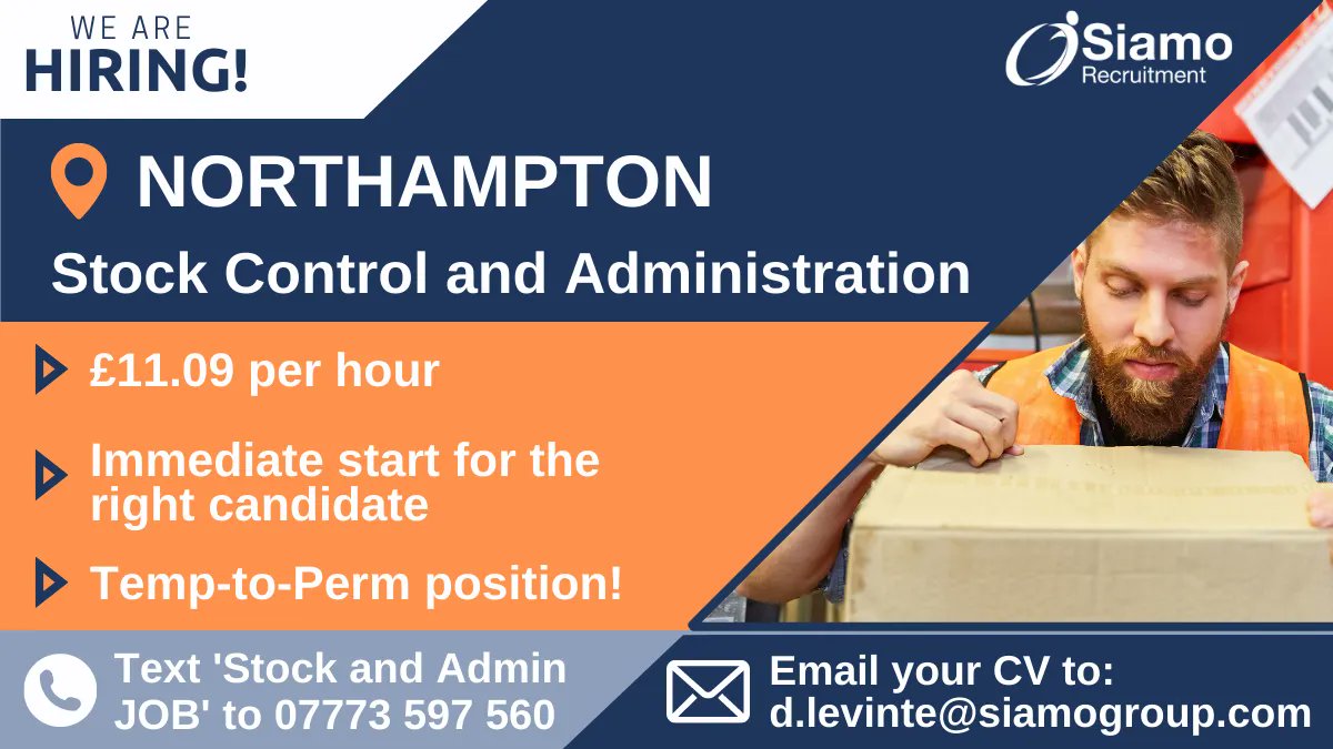 SiamoGroup_UK's tweet photo. 🔥 Temp-to-Perm position! 🔥📍 Northampton, Swan Valley NN4📍| Stock Control and Administration | 🌞Morning Shift | £11.09 per hour | 

📞 Please text ‘Stock and Admin JOB’ to 07773 597 560 or
Email your CV to: d.levinte@siamogroup.com

#NowHiring #NorthamptonJobs #AdminJobs https://t.co/Sd0JTyJHBq