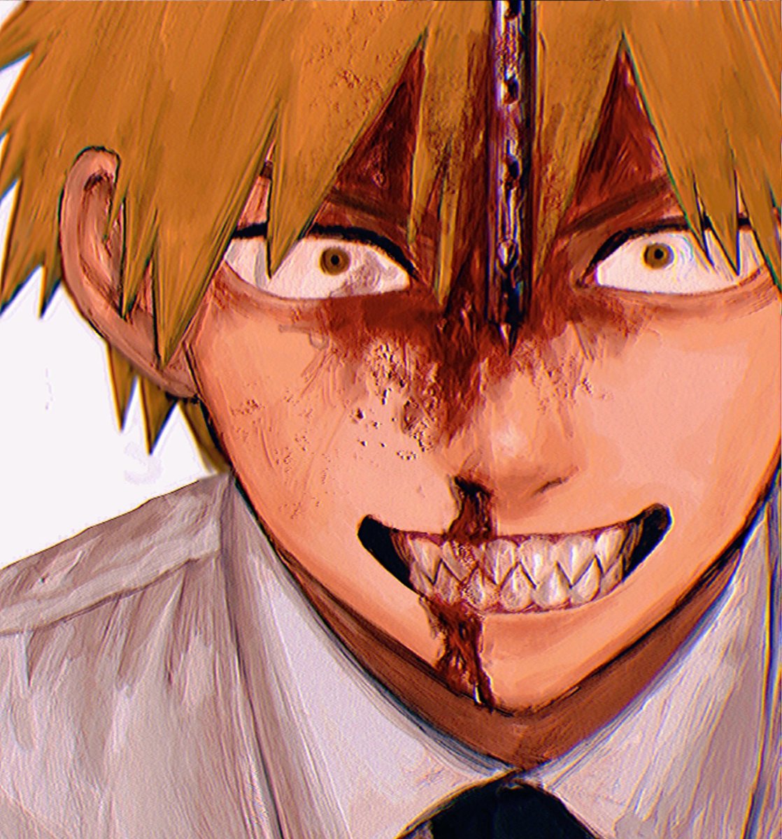 denji (chainsaw man) blood teeth 1boy sharp teeth blonde hair shirt solo  illustration images