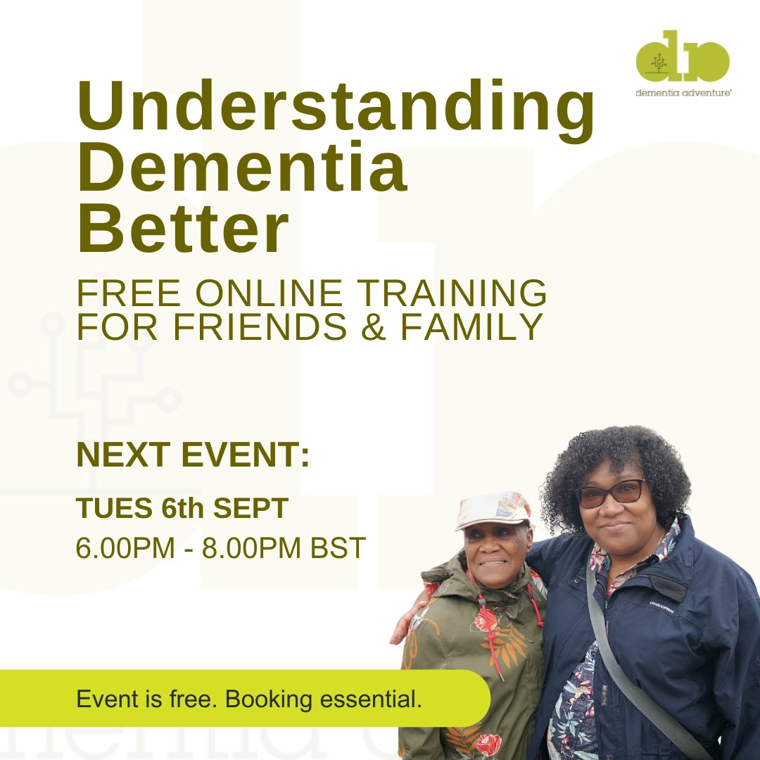 Our next free, online, Understanding Dementia Better training is on Tuesday 6th September at 6pm. The session is for friends and family supporting someone living with #dementia at home. Find out more: ow.ly/jAqh50JYYor @DementiaUK @YoungDemNetwork