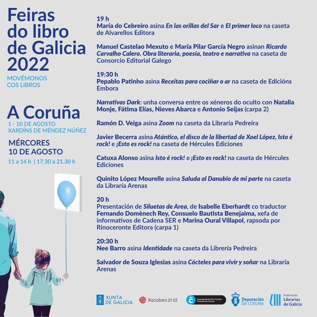 Atención, último día da #FeiraDoLibro da Coruña, última oportunidade para achegarse ás festa dos libros! 💙📘📘📘

Achégate aos Xardíns e participa nun dos eventos culturais do ano! Aquí o programa para hoxe 👇

#MovémonosCosLibros
