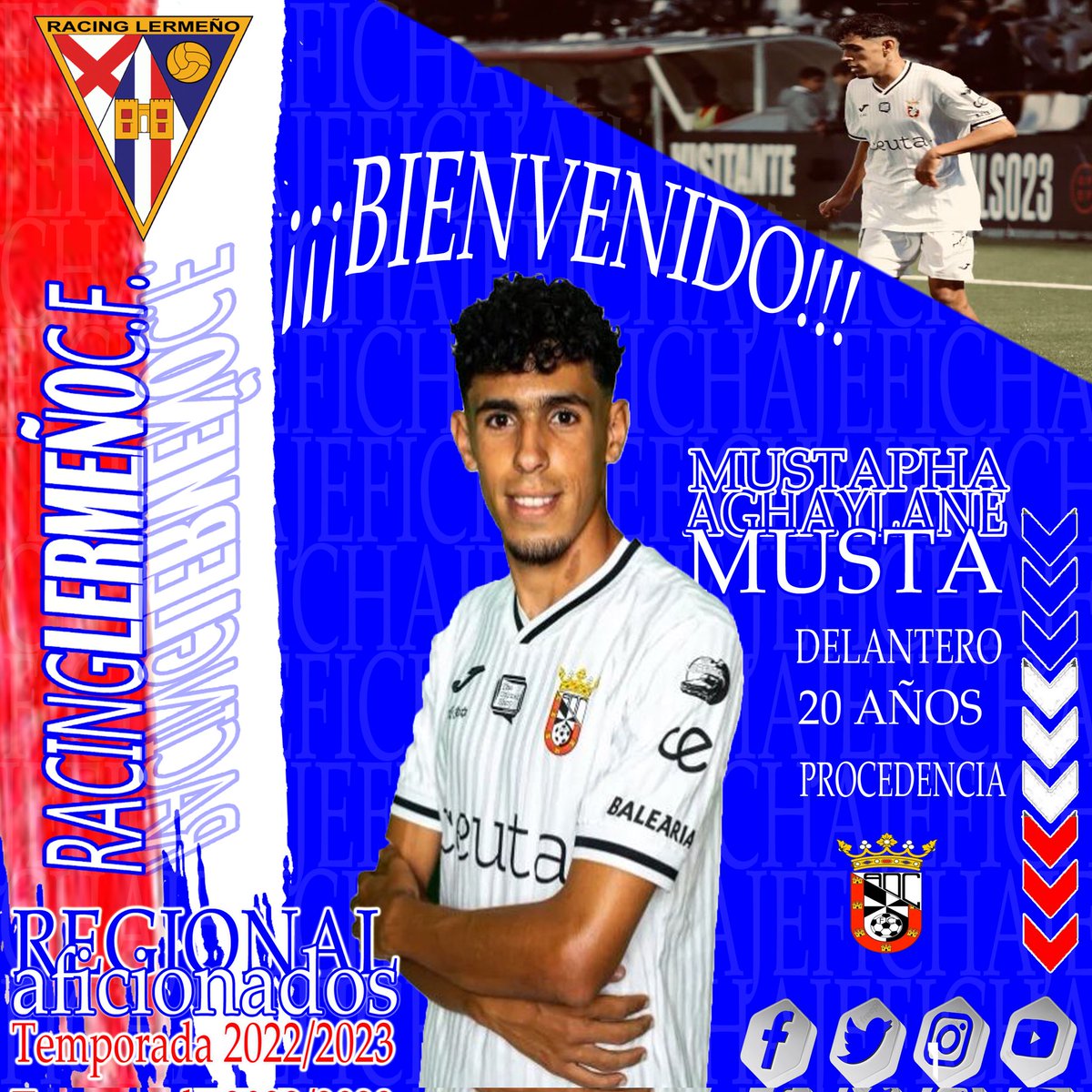 FICHAJE
El delantero Mustapha Aghaylane ficha por el <a href="/_racinglermeno_/">Racing Lermeño C.F. El Puchero</a>  procedente del <a href="/ADCeuta_FC/">AD CEUTA FC</a> 
#JuntosCrecemos #VamosRacing #HazteSocio