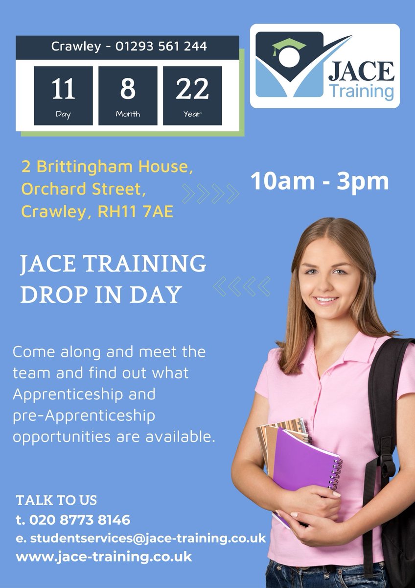JACETraining's tweet photo. Tomorrow you can just 'Drop In' to our JACE Crawley Centre and have a look at the Apprenticeship and pre-Apprenticeship opportunities we have on offer. Come along, pick up some information and meet the team for a chat #lookforwardtoseeingyou #crawley #westsussex #apprenticeship https://t.co/lmSUJNFJDr