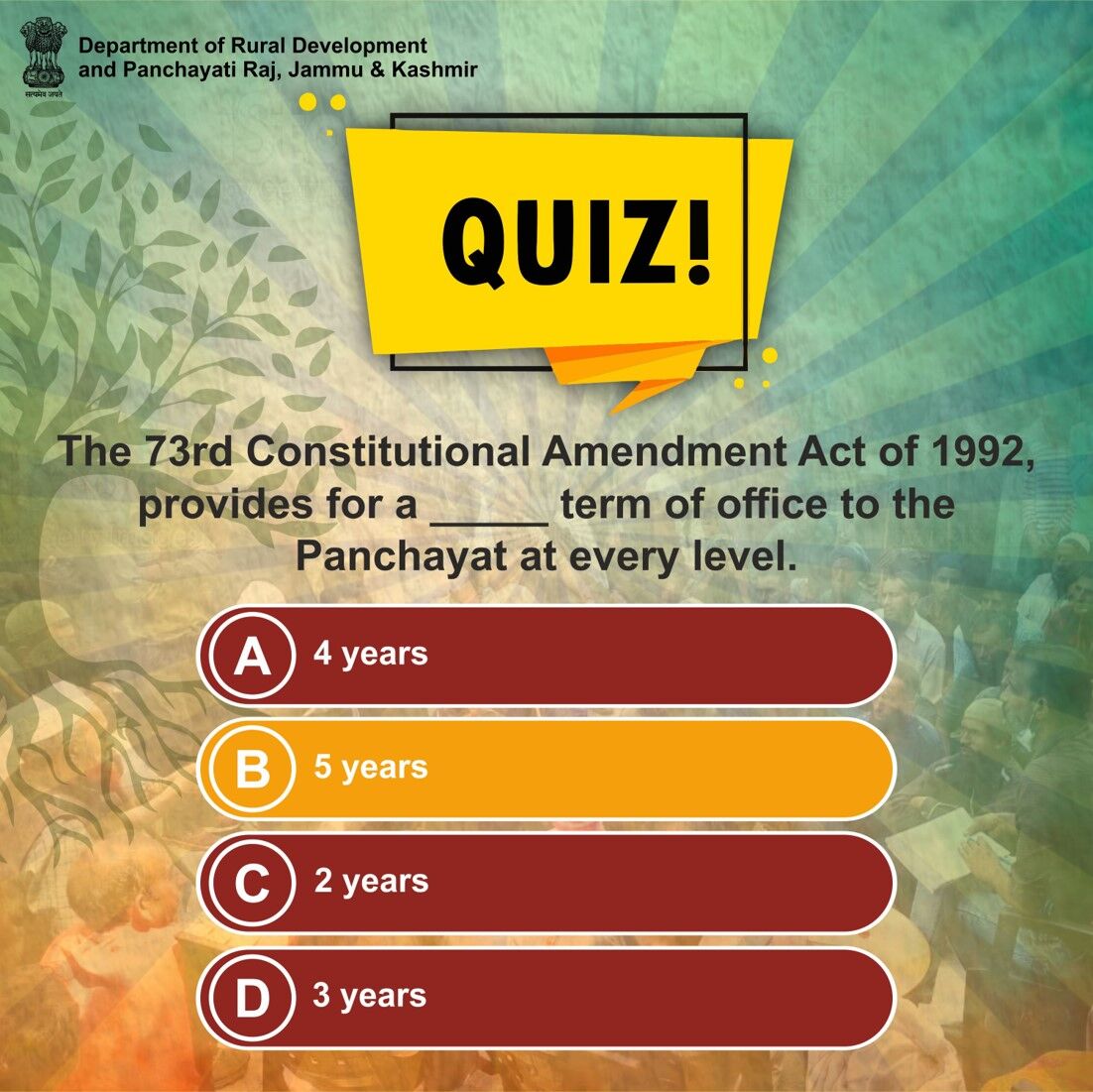 RGSAJK's tweet photo. Monday's #Quiz Answer: The 73rd Constitutional Amendment Act provides for a 5 year term of office to the panchayat at every level. Every Panchayat shall continue for5 years from the date of its first meeting.
#ruraldevelopment #JammuKashmir #Panchayat #GrassRootLevel #Democracy https://t.co/SA8iy7Dbvg