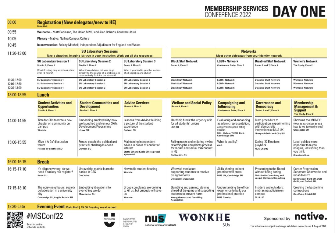 TheUnionMMU's tweet photo. Welcome to Manchester to all those attending #MSConf22 with us! Here’s your agenda for today ✨get back to the post easily by giving it a like 💛 https://t.co/rFx6rVezRf