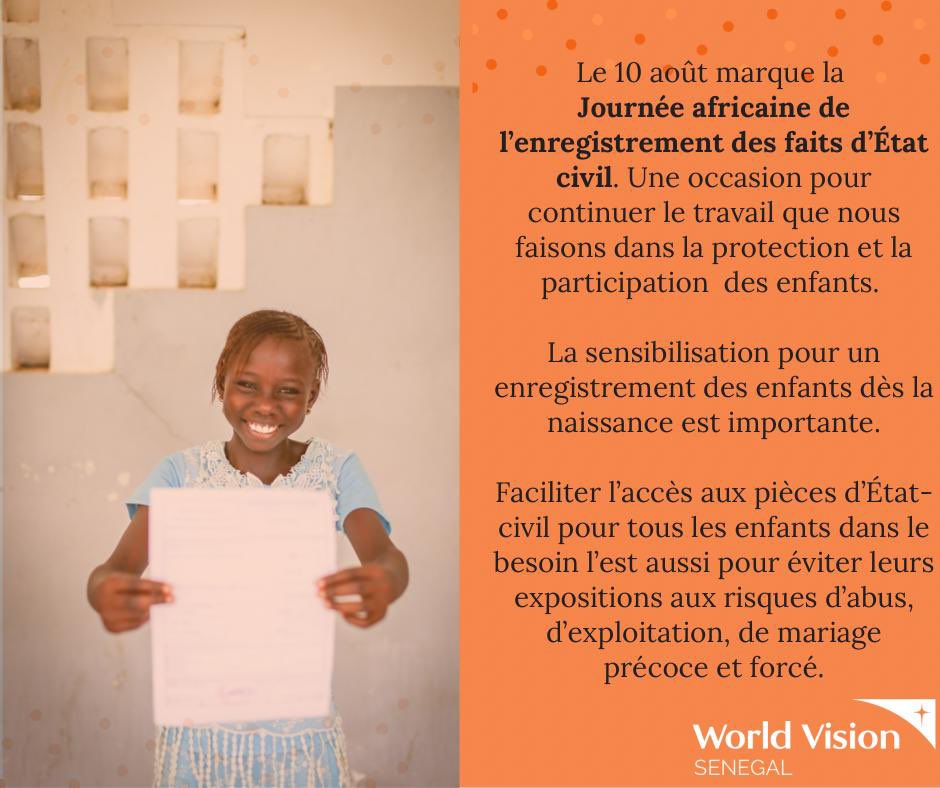 En cette #JournéeAfricainedelEtatCivil, découvrez les principales activités et réalisations de <a href="/WorldVisionSN/">World Vision Sénégal</a> dans le cadre de la protection et participation des #enfants en 2021 et pendant cette période d’incertitude avec la #COVID19 👉🏿bit.ly/3QiwDqT
#aarxaleyi #Senegal