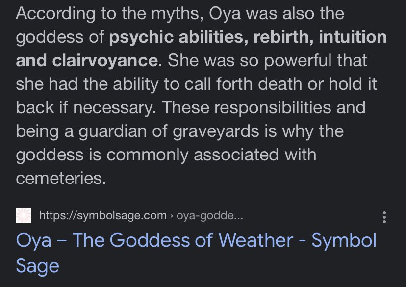 Kimlovescats4's tweet photo. @Grimezsz Oya was the goddess of weather https://t.co/vvNsRrlgH7