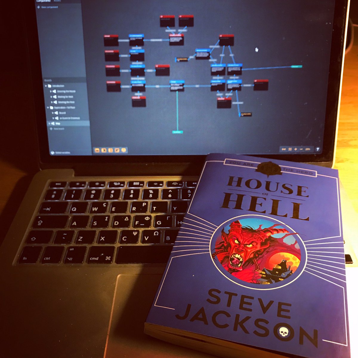 arcweave's tweet photo. Analysing on #arcweave classic #gamebook #houseofhell by @stevejacksonuk and @fightingfantasy.🧛🧟🔥 SJ created an amazing system to combine locale exploration & events. We had to lay it down on our boards, to get a grasp of how he did it! #interactive #fiction #gamewriting https://t.co/E4k8rxPAkQ