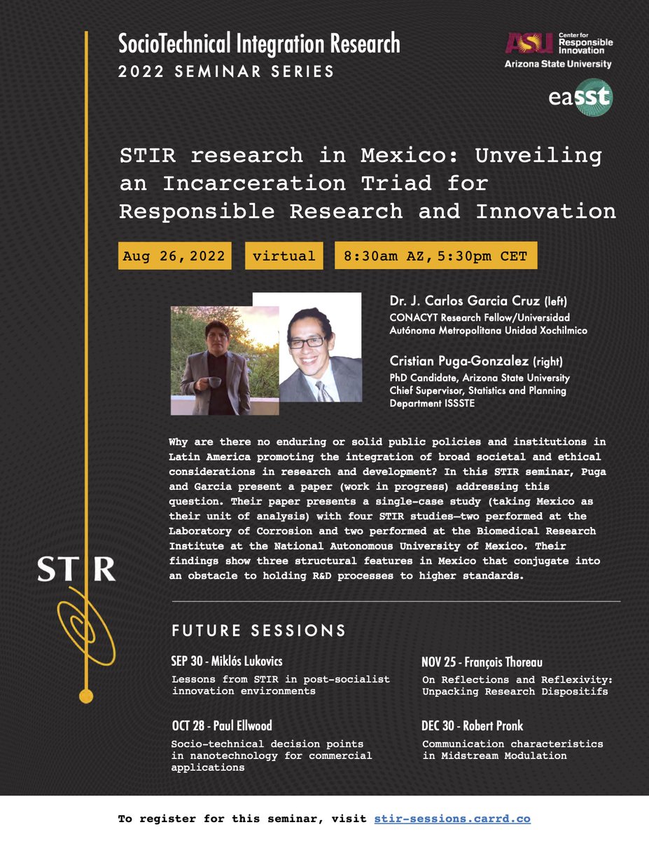 This month the #STIR seminar series features 2 speakers: Dr. J. Garcia Cruz & Cristian Puga-Gonzalez. They present work-in-progress on 4 STIR studies in Mexico and reveal structural obstacles to socio-technical integration in Latin America. Sign up: stir-sessions.carrd.co/#schedule
