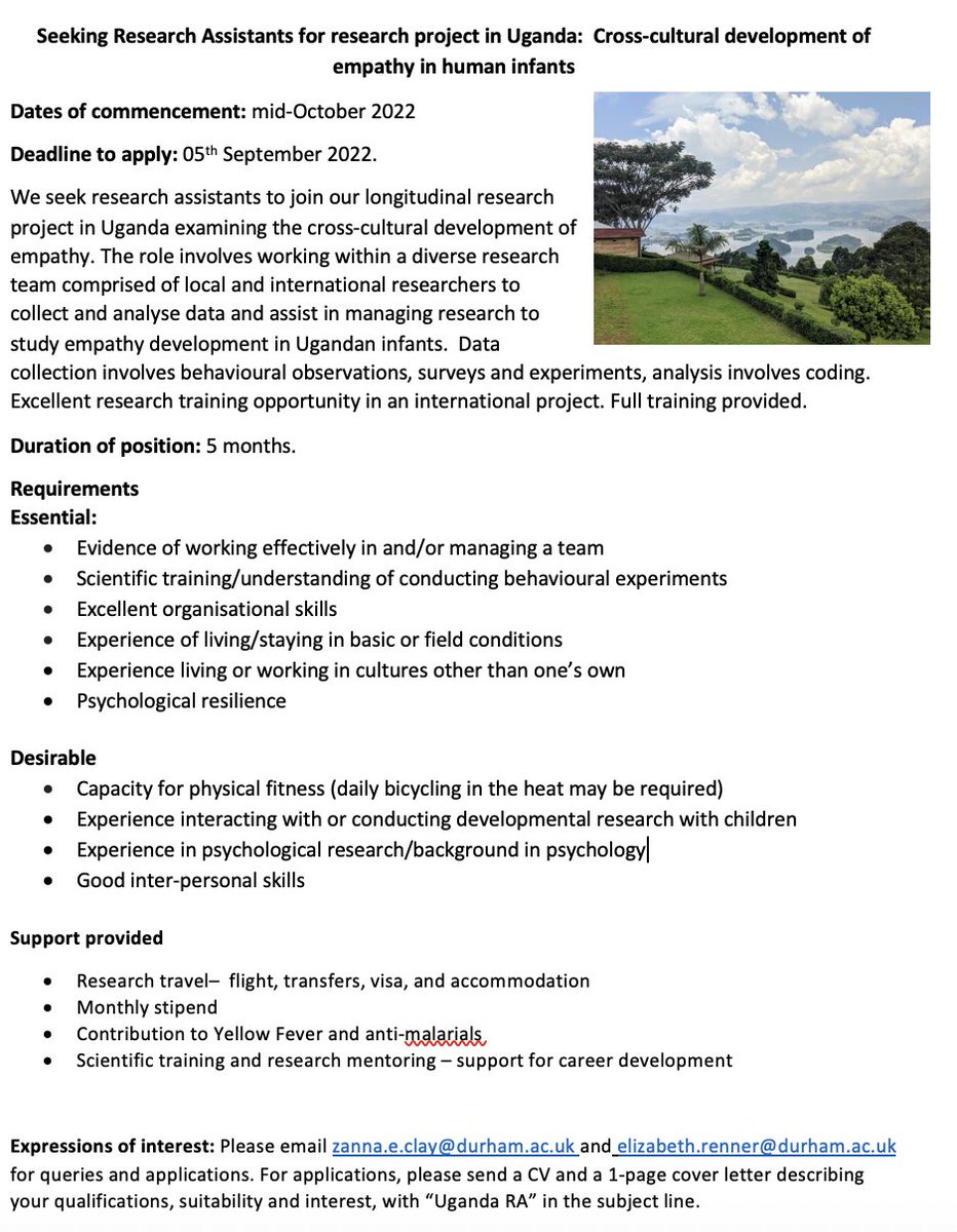 Zanna Clay (@zannaclay) on Twitter photo We are seeking a motivated Research Assistant to join our team in #Uganda to study the development of #empathy in human infants! Position starts in autumn. Excellent research training opportunity in a diverse team & a chance to discover beautiful Uganda! Please RT!
<a href="/DurhamPsych/">Durham Psychology</a> We are seeking a motivated Research Assistant to join our team in #Uganda to study the development of #empathy in human infants! Position starts in autumn. Excellent research training opportunity in a diverse team & a chance to discover beautiful Uganda! Please RT!
<a href="/DurhamPsych/">Durham Psychology</a>