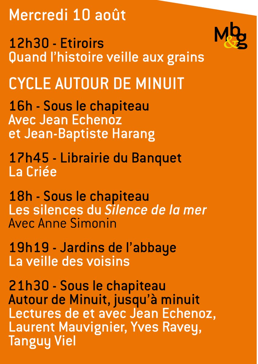 // Banquet du livre d'été // 
Voici le programme de la journée de mercredi,avec Quand l'histoire veille aux grains, puis le cycle autour des <a href="/EdeMinuit/">Éditions de Minuit</a> , avec Jean Echenoz, Jean-Baptiste Harang, Anne Simonin, Laurent Mauvignier, Yves Ravey et Tanguy Viel
bit.ly/3PWiuiw