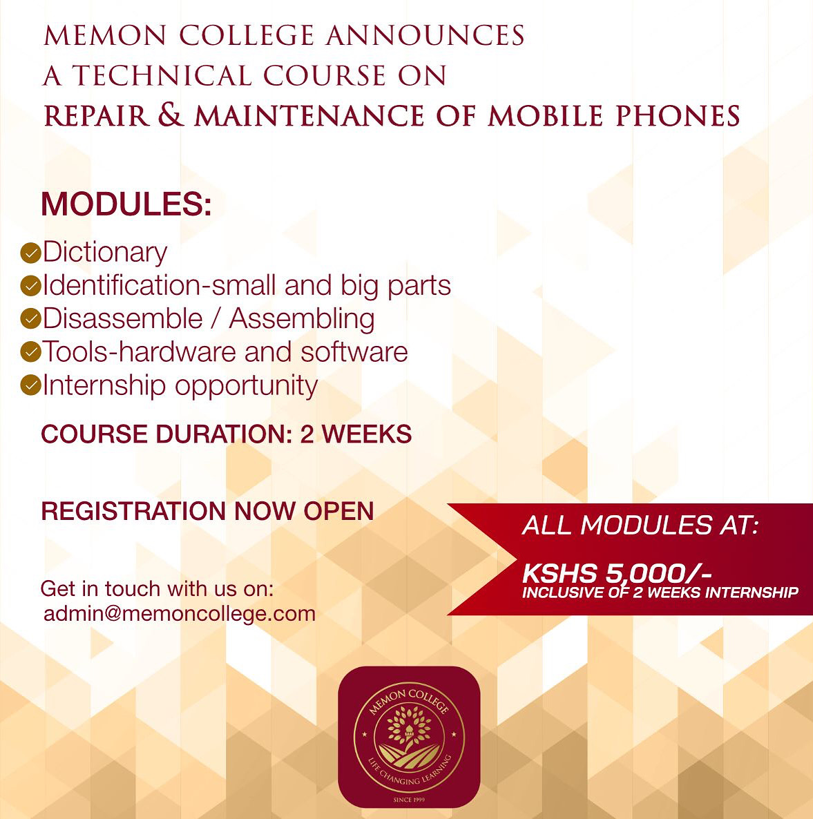 memoncollegeke's tweet photo. Memon College announces a Technical Course on repair  and Maintenance of Mobile Phones
#memoncollege #college #courses #education #learn #skills #mombasa #kenya #technology #career #acca #accakenya #tvet #icdl #icdl_learning #kasneb #ethica #lsbf https://t.co/IFp1uVOUxC