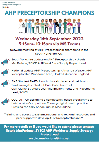 SYB_ICS_AHPs's tweet photo. 📢 SY ICS AHP Preceptorship Champions Network 
🗓️ Wednesday 14 Sept 2022
⌚️ 9.15 - 10.15am
A Network meeting of AHP Preceptorship champions in South Yorkshire.
#AHPRetention #AHPPreceptorship https://t.co/gD5GYok09D