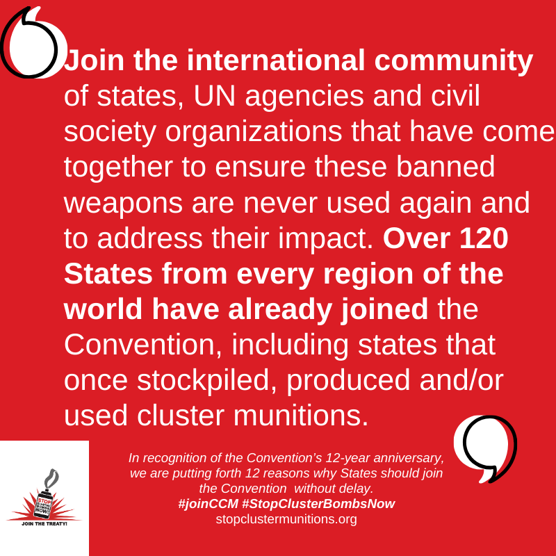 banclusterbombs's tweet photo. 12 yrs after the @ISUCCM  entered into force, a total of 123 States have signed the Convention...recent #clusterbomb use in #Ukraine, #Syria, #Yemen is a call for all states supporting #humanrights &amp; #civilianprotection to get on board now! #joinccm #stopclusterbombsnow #ccm10msp https://t.co/D7mW37qcN0
