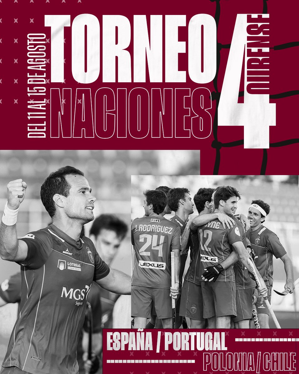 💥 TORNEO 4 NACIONES 💥 

📍Ourense 
📆 11-15 de Agosto 
🆚 🇪🇸/ 🇵🇹/ 🇵🇱 / 🇨🇱 
🎟 Entrada Gratuita 

¡Vamos! 💪 

#RedSticks | #HockeyEspaña