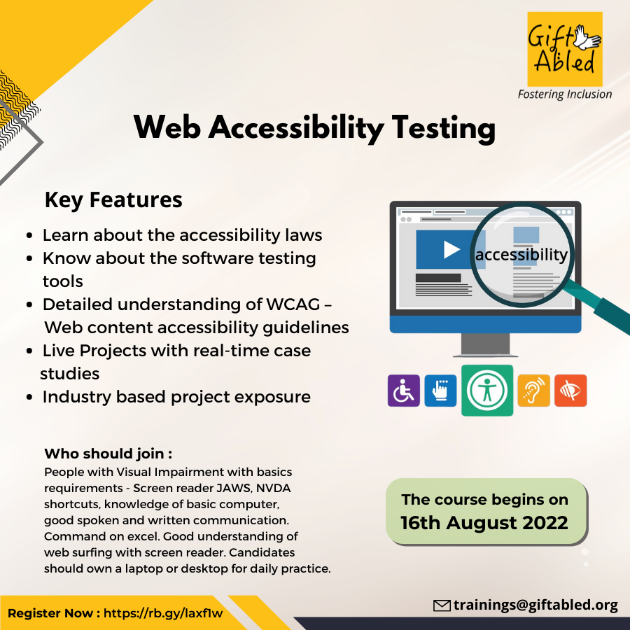 GiftAbled's tweet photo. Register Now: https://t.co/Jf47G3Abgk

The course begins on 16th August 2022.

#GiftAbled #PeoplewithDisabilities #VisualImpairment #WebAccessibilityTesting https://t.co/CLKRPFECUa