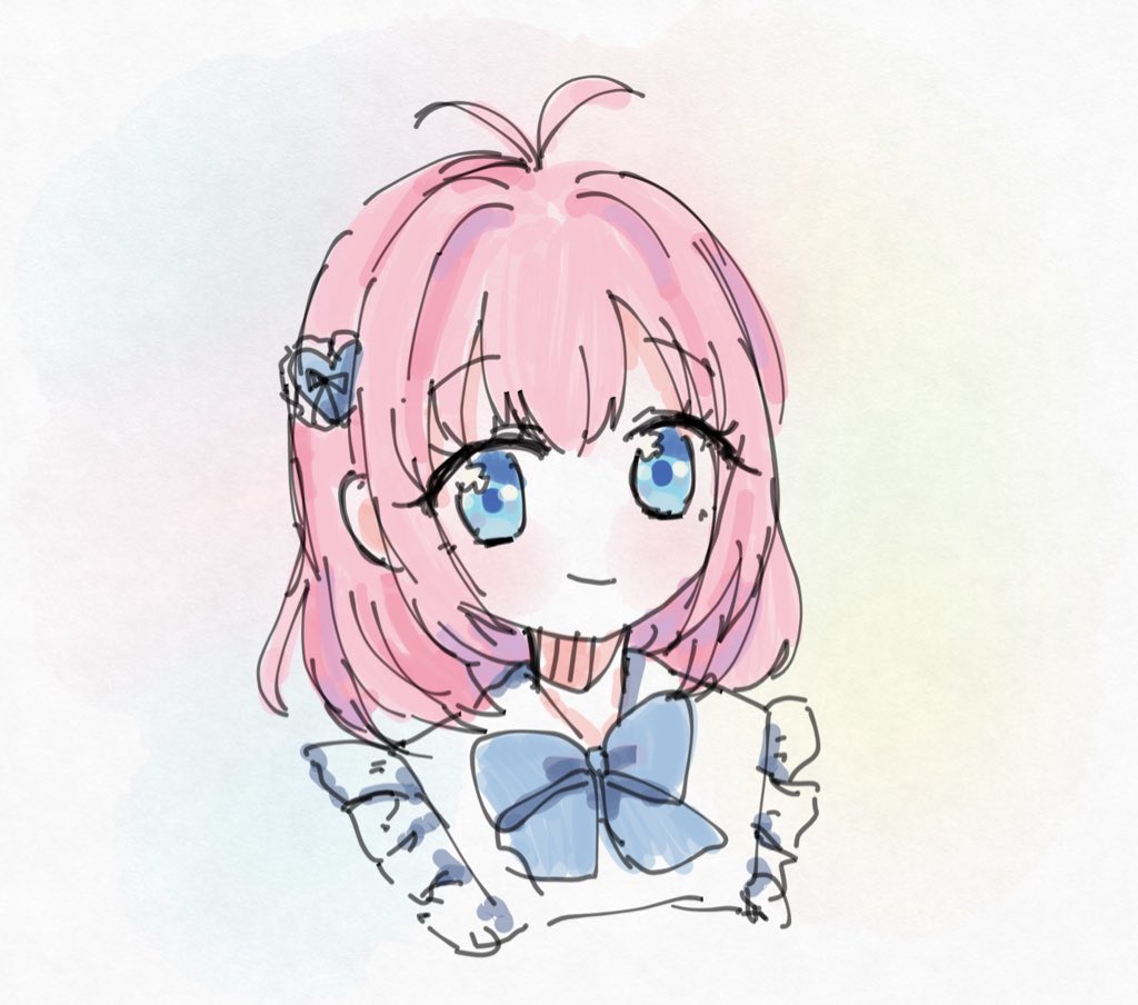 1girl solo blue eyes pink hair smile bow blue bow  illustration images