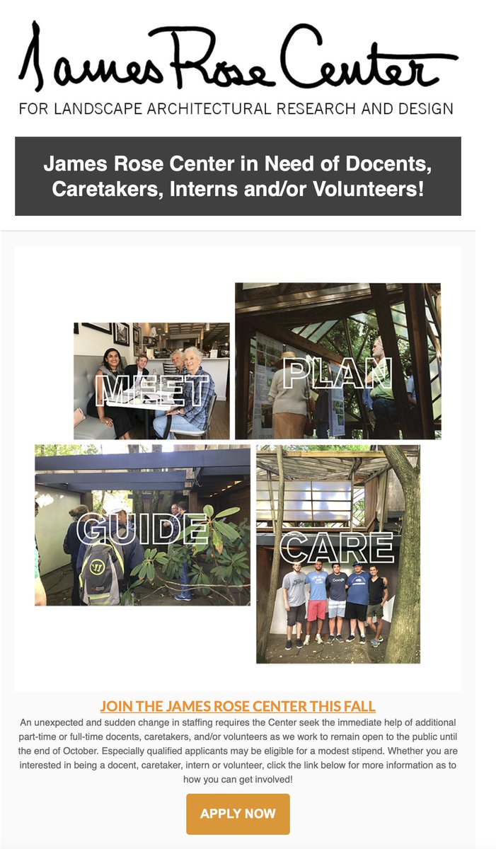 JOIN THE JAMES ROSE CENTER THIS FALL
An unexpected and sudden change in staffing requires the Center seek immediate help of part-time/full-time docents, caretakers, and/or volunteers to remain open to the public until the end of October. Apply now: lnkd.in/edXSn_7h