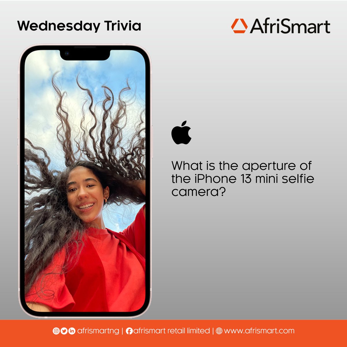 AfrismartNg's tweet photo. Question for the dayβ
"What's the #iphone13mini selfie camera aperture πΈ?"
Let's see how well you know your device π€
NB: It's Mid-week, stay positive!
Happy Wednesday π
#question #Trivia #apple
#Afrismart #wednesday
#iphone #phonesandmore
#win #positivity #Happy https://t.co/EoyiTwQ4Nl
