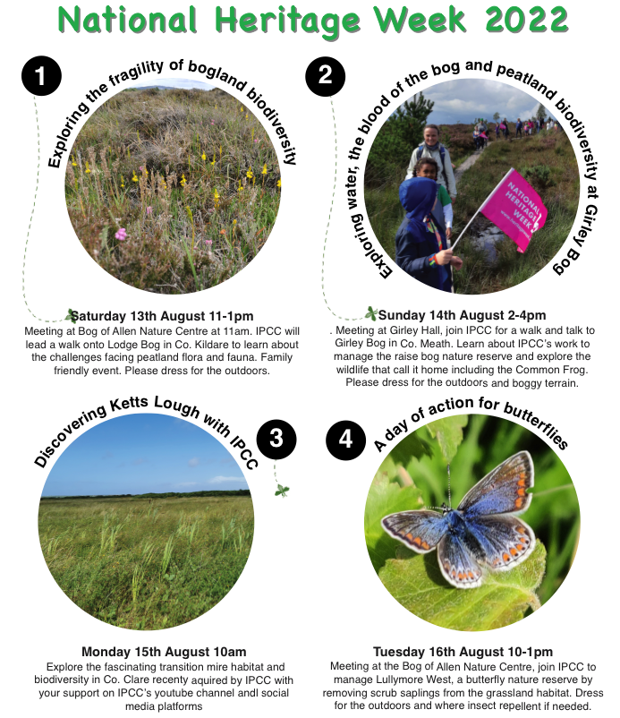 PeatlandConserv's tweet photo. IPCC are hosting a number of events to celebrate #NationalHeritageWeek2022. You can find a list here https://t.co/0LGMcWWhNU or on https://t.co/hE9KFHu4J9 @HeritageHubIRE @meathcoco @KildareCoCo @PeatlandsCommunityEngagementScheme https://t.co/FvqrfwTRbh