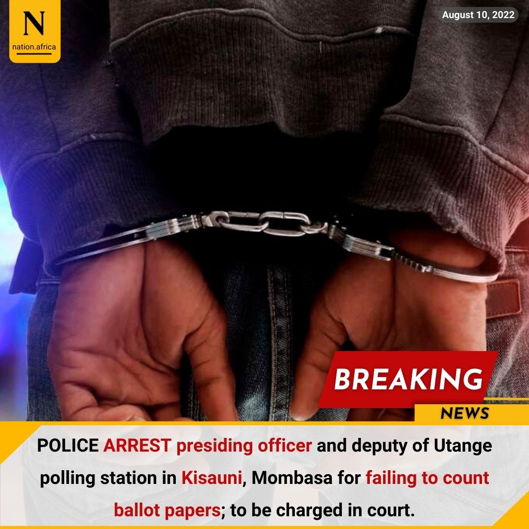 NationAfrica's tweet photo. POLICE ARREST presiding officer and deputy of Utange polling station in Kisauni, Mombasa for failing to count ballot papers; to be charged in court. https://t.co/0a2jPMbcMN