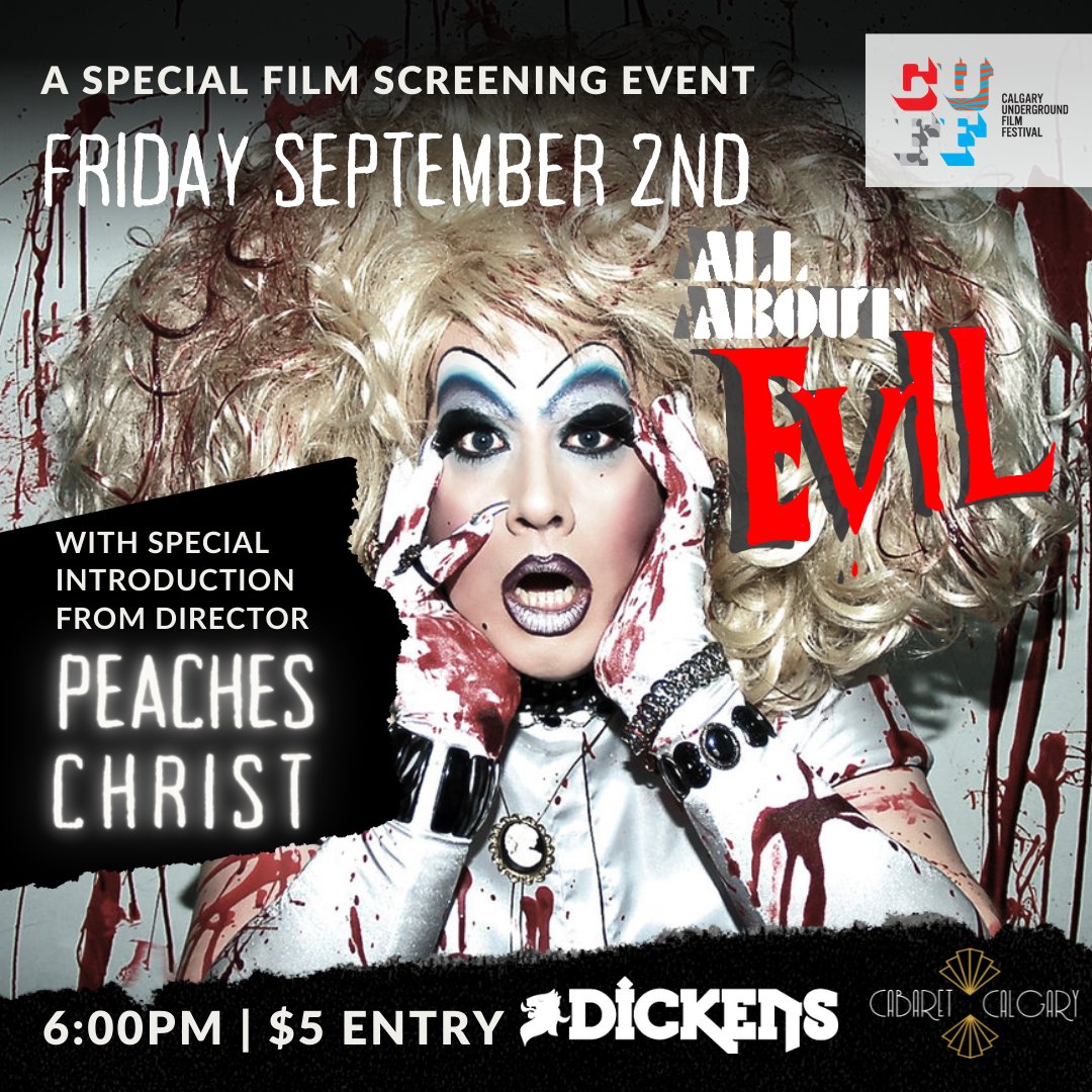 RT for your chance to win tickets! 📣 This Pride Week, CUFF is partnering with Cabaret Calgary and @DickensYYC for a screening of the 2010 cult film ALL ABOUT EVIL on Friday, Sept 2 with writer, director, and queer horror icon <a href="/PeachesChrist/">Peaches Christ</a> in attendance!