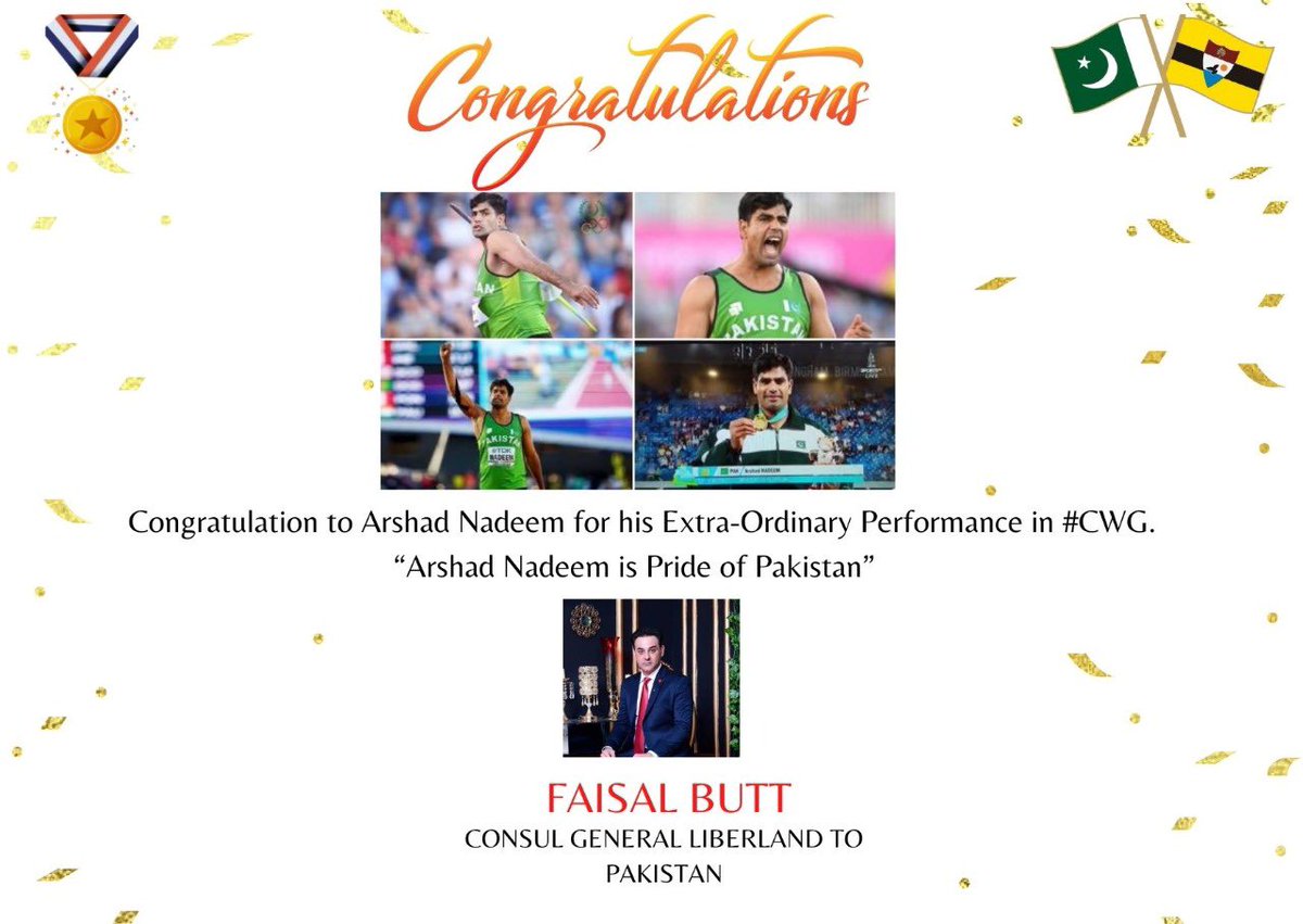 FAISALBUTT100's tweet photo. Consul General H.E. FAISAL BUTT congratulates Arshad Nadeem for achieving Gold Medal in CWG 2022 https://t.co/hcjrik36jl
